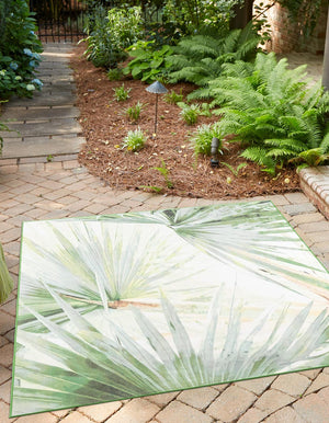 Green 10' x 10' Jill Zarin Caribbean Outdoor Square Area Rug Weather Resistant for Patio, Deck, Terrace, Balcony, Porch 100% Premium Nylon Pile Coastal Carpet for Sale at Rug Engine