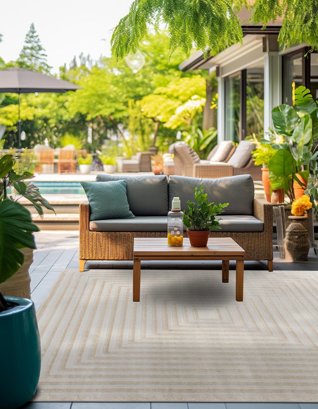Beige 8' x 8' Sabrina Soto Outdoor Square Area Rug Weather Resistant for Patio, Deck, Terrace, Balcony, Porch Durable Carpet for Exterior Home Design for Sale at Rug Engine