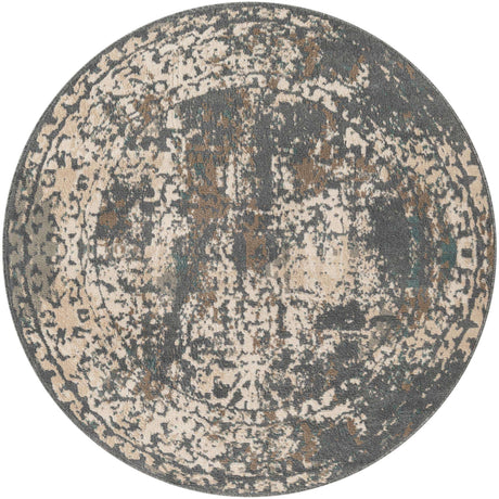 Gray 5' 3 x 5' 3 Tuareg Round Area Rug Vintage Inspired Distressed Look Durable Easy Clean Carpet for Unique Home Interiors for Sale at Rug Engine
