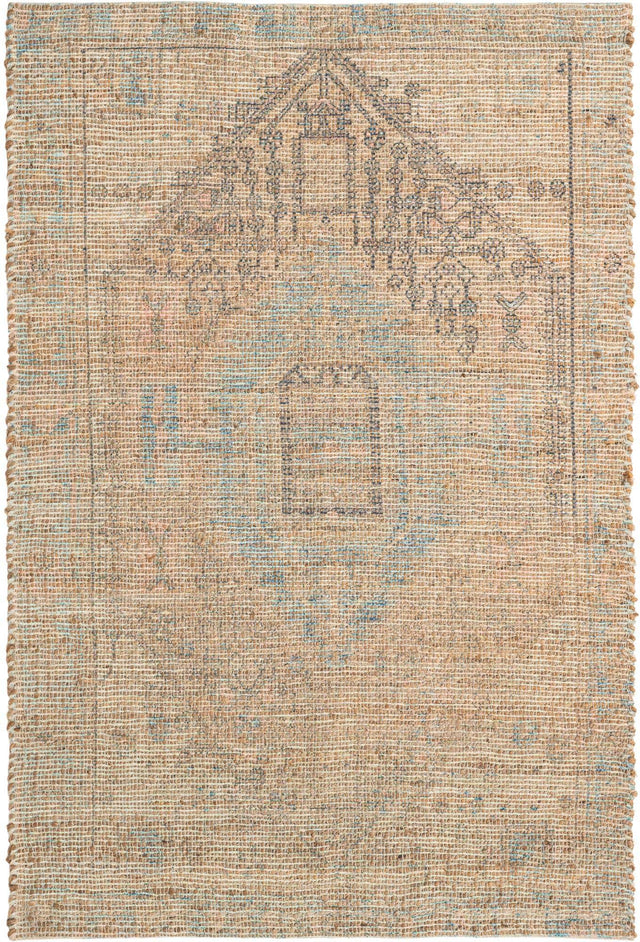 Khaki and Ivory 4' 1 x 6' 1 Chenille Jute Rectangle Area Rug Vintage Distressed Boho All Natural Eco-Friendly Sustainable Carpet for Living Dining Office Dorm Rooms for Sale at Rug Engine