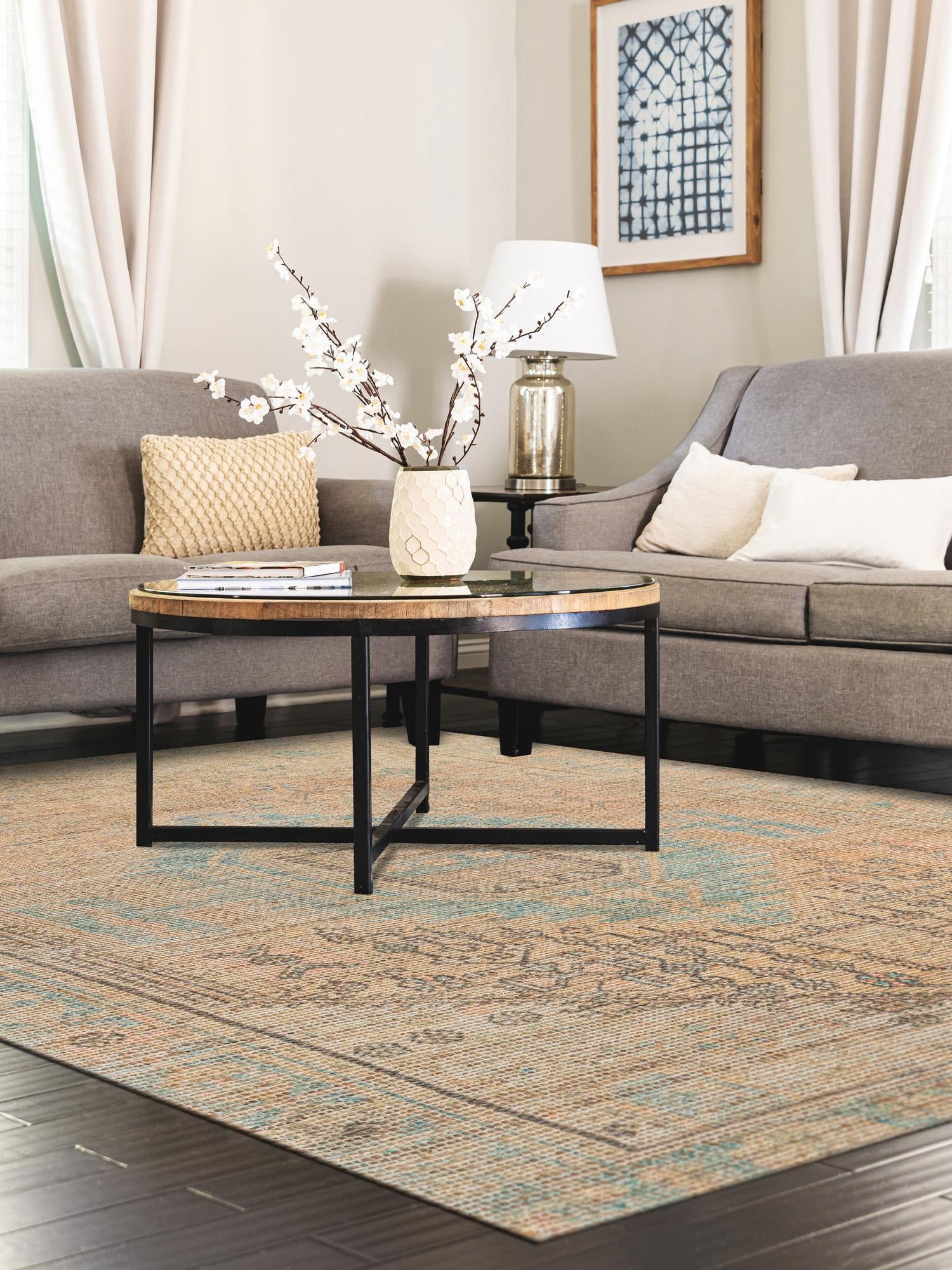 Khaki and Ivory 6' 1 x 9' Chenille Jute Rectangle Area Rug Vintage Distressed Boho All Natural Eco-Friendly Sustainable Carpet for Living Dining Office Dorm Rooms for Sale at Rug Engine