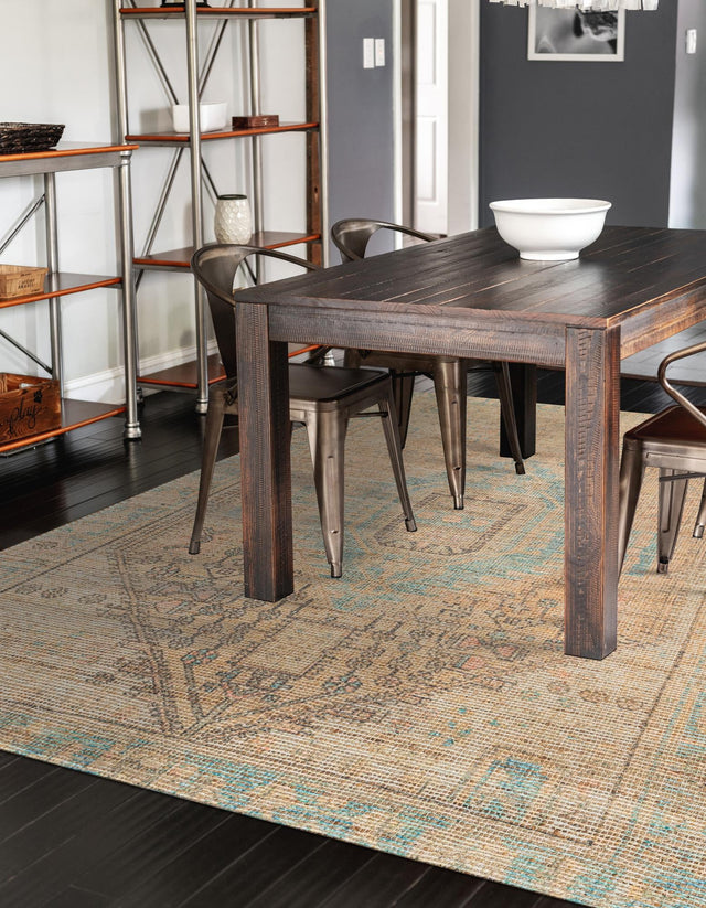 Khaki and Ivory 7' 10 x 10' Chenille Jute Rectangle Area Rug Vintage Distressed Boho All Natural Eco-Friendly Sustainable Carpet for Living Dining Office Dorm Rooms for Sale at Rug Engine