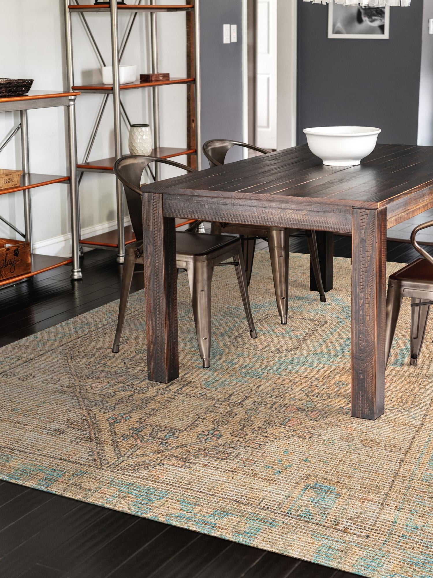 Khaki and Ivory 5' 3 x 8' Chenille Jute Rectangle Area Rug Vintage Distressed Boho All Natural Eco-Friendly Sustainable Carpet for Living Dining Office Dorm Rooms for Sale at Rug Engine