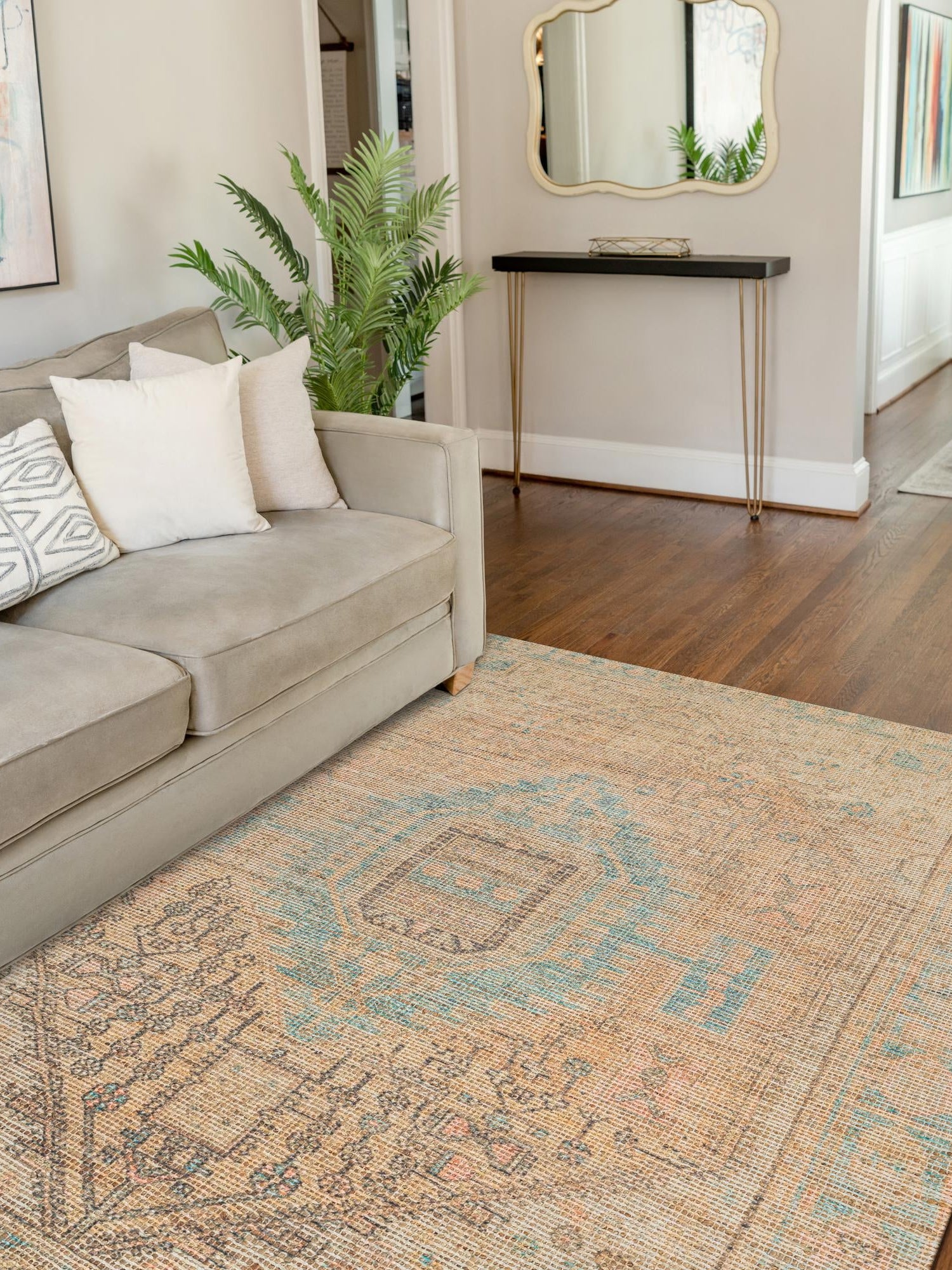 Khaki and Ivory 4' 1 x 6' 1 Chenille Jute Rectangle Area Rug Vintage Distressed Boho All Natural Eco-Friendly Sustainable Carpet for Living Dining Office Dorm Rooms for Sale at Rug Engine