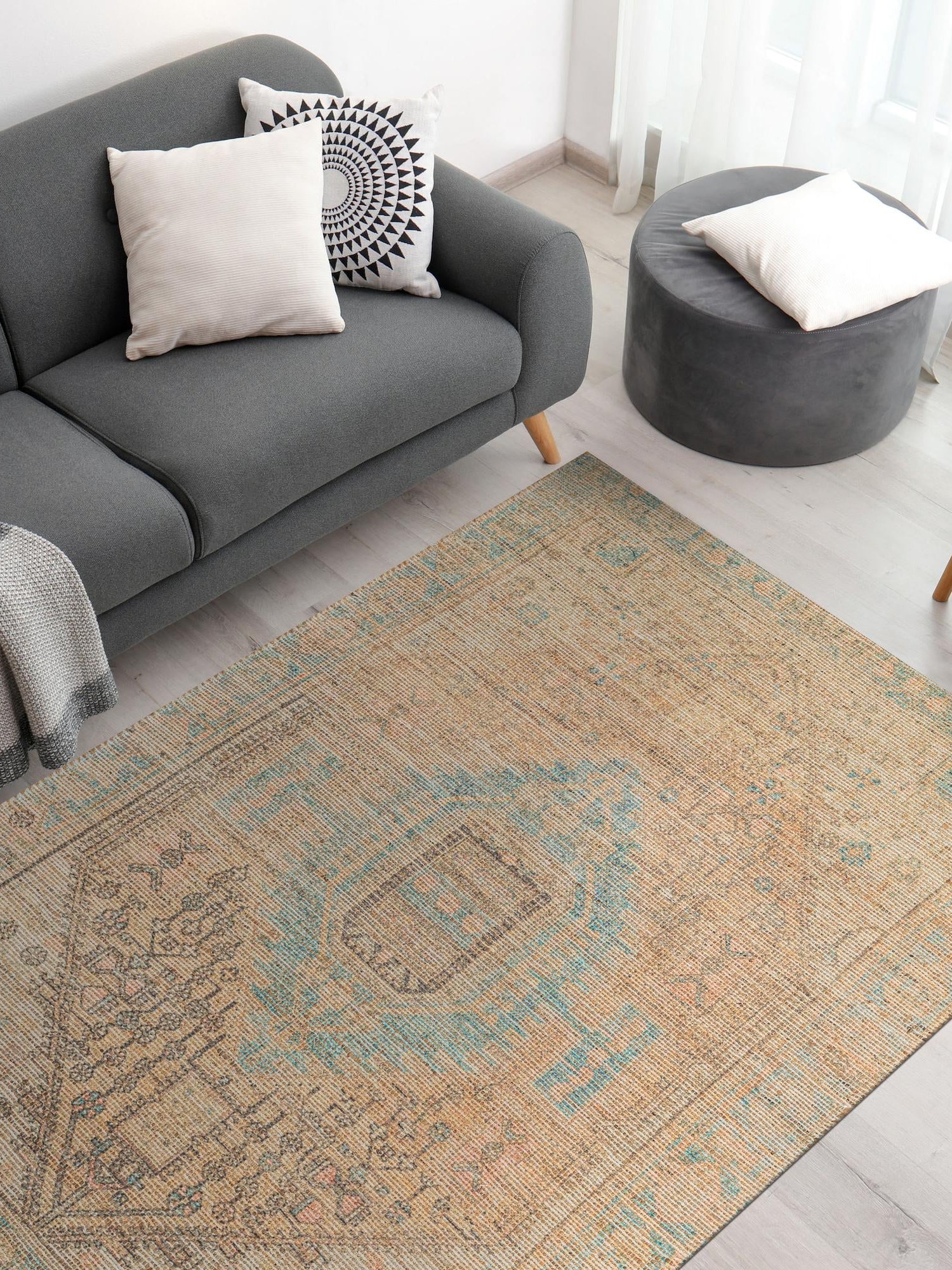 Khaki and Ivory 2' x 3' 1 Chenille Jute Rectangle Area Rug Vintage Distressed Boho All Natural Eco-Friendly Sustainable Carpet for Living Dining Office Dorm Rooms for Sale at Rug Engine