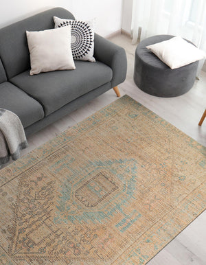 Khaki and Ivory 6' 1 x 9' Chenille Jute Rectangle Area Rug Vintage Distressed Boho All Natural Eco-Friendly Sustainable Carpet for Living Dining Office Dorm Rooms for Sale at Rug Engine
