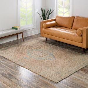 Khaki and Ivory 7' 10 x 10' Chenille Jute Rectangle Area Rug Vintage Distressed Boho All Natural Eco-Friendly Sustainable Carpet for Living Dining Office Dorm Rooms for Sale at Rug Engine