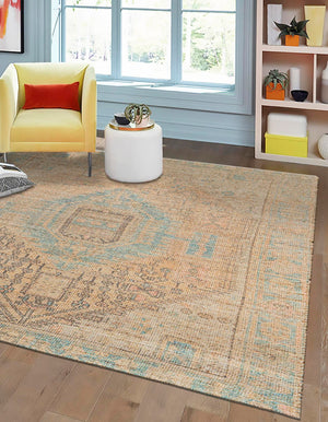 Khaki and Ivory 7' 10 x 7' 10 Chenille Jute Square Area Rug Vintage Distressed Boho All Natural Eco-Friendly Sustainable Carpet for Living Dining Office Dorm Rooms for Sale at Rug Engine