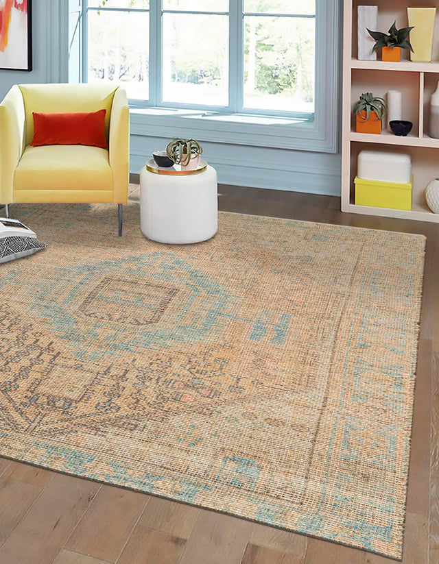 Khaki and Ivory 7' 10 x 7' 10 Chenille Jute Square Area Rug Vintage Distressed Boho All Natural Eco-Friendly Sustainable Carpet for Living Dining Office Dorm Rooms for Sale at Rug Engine