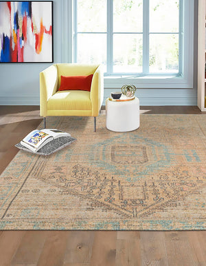 Khaki and Ivory 7' 10 x 7' 10 Chenille Jute Square Area Rug Vintage Distressed Boho All Natural Eco-Friendly Sustainable Carpet for Living Dining Office Dorm Rooms for Sale at Rug Engine