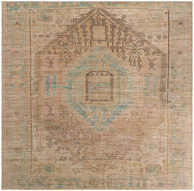 Khaki and Ivory 7' 10 x 7' 10 Chenille Jute Square Area Rug Vintage Distressed Boho All Natural Eco-Friendly Sustainable Carpet for Living Dining Office Dorm Rooms for Sale at Rug Engine