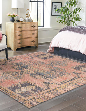 Antique Red 7' 10 x 7' 10 Chenille Jute Square Area Rug Vintage Distressed Boho All Natural Eco-Friendly Sustainable Carpet for Living Dining Office Dorm Rooms for Sale at Rug Engine