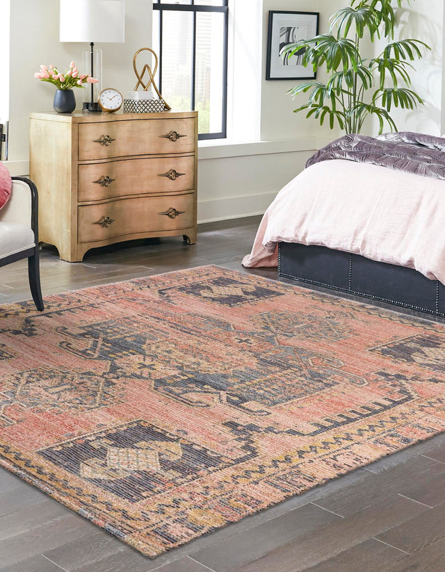 Antique Red 7' 10 x 7' 10 Chenille Jute Square Area Rug Vintage Distressed Boho All Natural Eco-Friendly Sustainable Carpet for Living Dining Office Dorm Rooms for Sale at Rug Engine