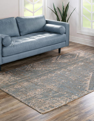 Antique Blue 2' x 3' 1 Chenille Jute Rectangle Area Rug Vintage Distressed Boho All Natural Eco-Friendly Sustainable Carpet for Living Dining Office Dorm Rooms for Sale at Rug Engine