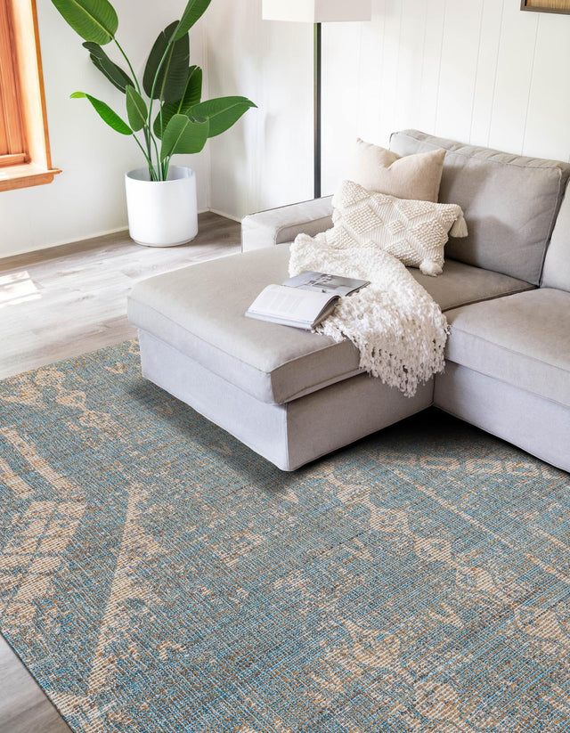 Antique Blue 4' 1 x 6' 1 Chenille Jute Rectangle Area Rug Vintage Distressed Boho All Natural Eco-Friendly Sustainable Carpet for Living Dining Office Dorm Rooms for Sale at Rug Engine