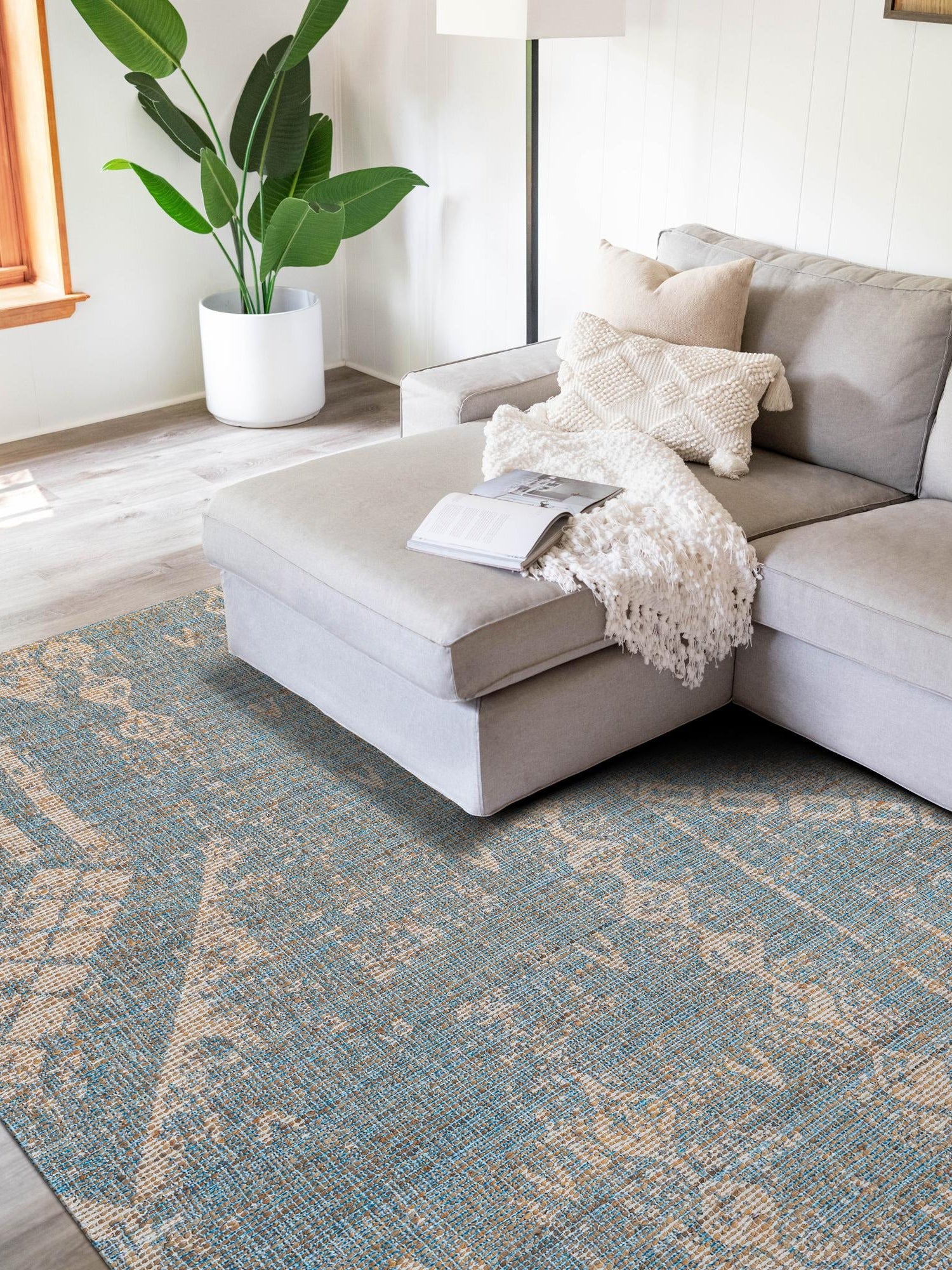 Antique Blue 7' 10 x 10' Chenille Jute Rectangle Area Rug Vintage Distressed Boho All Natural Eco-Friendly Sustainable Carpet for Living Dining Office Dorm Rooms for Sale at Rug Engine