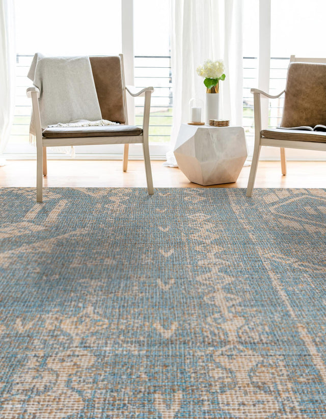 Antique Blue 4' 1 x 6' 1 Chenille Jute Rectangle Area Rug Vintage Distressed Boho All Natural Eco-Friendly Sustainable Carpet for Living Dining Office Dorm Rooms for Sale at Rug Engine