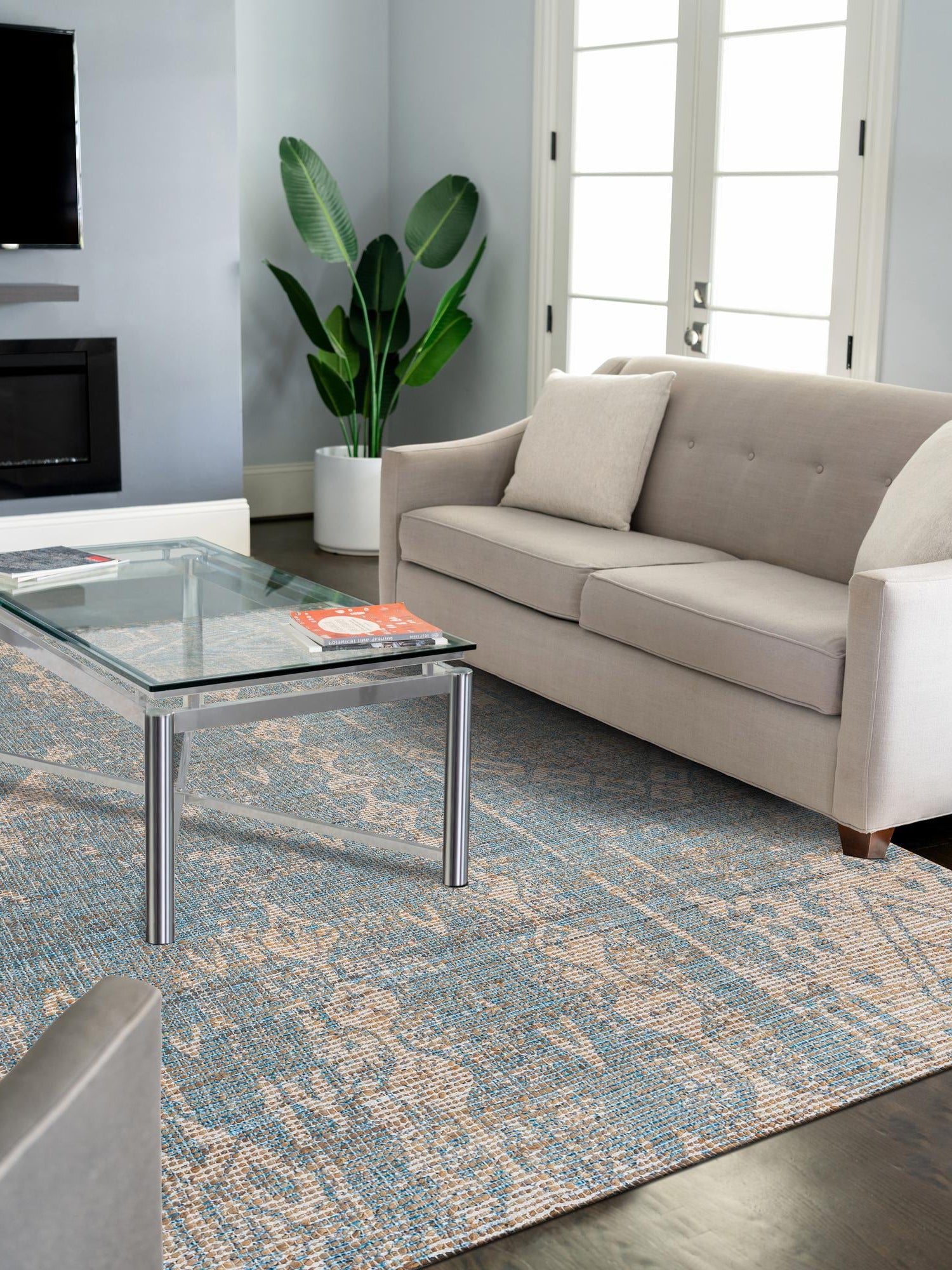 Antique Blue 7' 10 x 10' Chenille Jute Rectangle Area Rug Vintage Distressed Boho All Natural Eco-Friendly Sustainable Carpet for Living Dining Office Dorm Rooms for Sale at Rug Engine