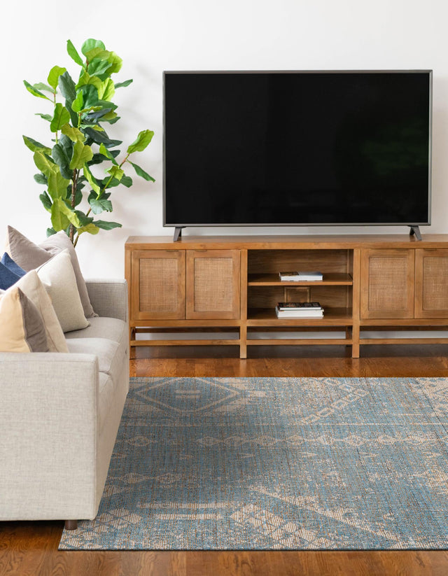 Antique Blue 7' 10 x 10' Chenille Jute Rectangle Area Rug Vintage Distressed Boho All Natural Eco-Friendly Sustainable Carpet for Living Dining Office Dorm Rooms for Sale at Rug Engine