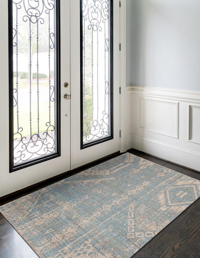 Antique Blue 4' 1 x 6' 1 Chenille Jute Rectangle Area Rug Vintage Distressed Boho All Natural Eco-Friendly Sustainable Carpet for Living Dining Office Dorm Rooms for Sale at Rug Engine