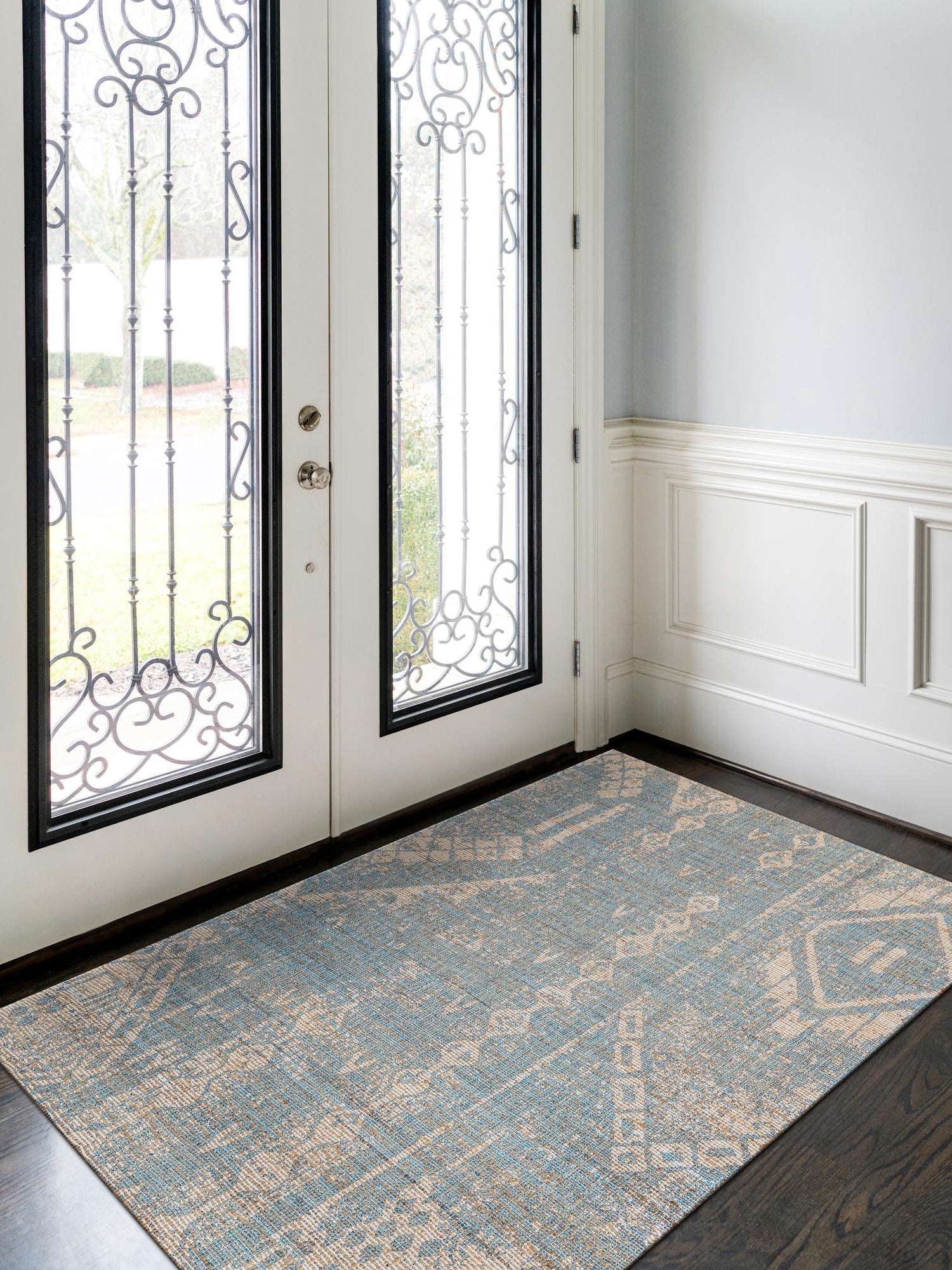 Antique Blue 5' 3 x 8' Chenille Jute Rectangle Area Rug Vintage Distressed Boho All Natural Eco-Friendly Sustainable Carpet for Living Dining Office Dorm Rooms for Sale at Rug Engine
