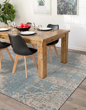Antique Blue 4' 1 x 6' 1 Chenille Jute Rectangle Area Rug Vintage Distressed Boho All Natural Eco-Friendly Sustainable Carpet for Living Dining Office Dorm Rooms for Sale at Rug Engine