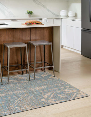 Antique Blue 5' 3 x 8' Chenille Jute Rectangle Area Rug Vintage Distressed Boho All Natural Eco-Friendly Sustainable Carpet for Living Dining Office Dorm Rooms for Sale at Rug Engine