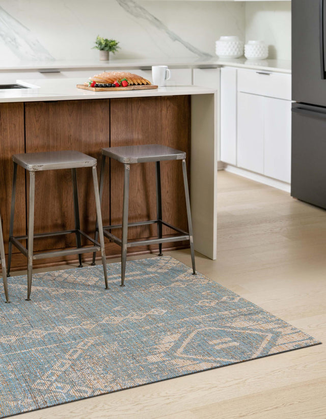 Antique Blue 5' 3 x 8' Chenille Jute Rectangle Area Rug Vintage Distressed Boho All Natural Eco-Friendly Sustainable Carpet for Living Dining Office Dorm Rooms for Sale at Rug Engine
