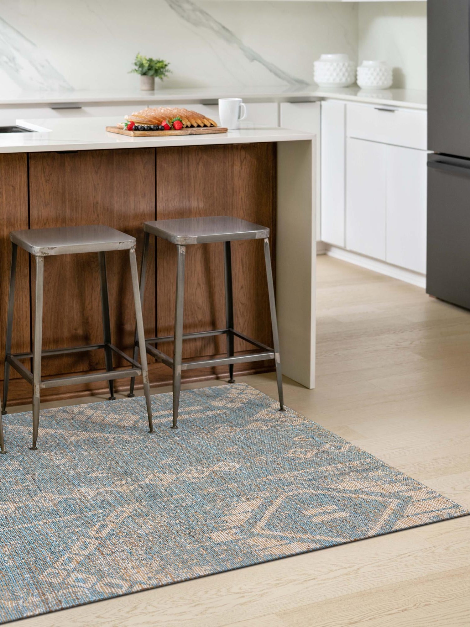 Antique Blue 6' 1 x 9' Chenille Jute Rectangle Area Rug Vintage Distressed Boho All Natural Eco-Friendly Sustainable Carpet for Living Dining Office Dorm Rooms for Sale at Rug Engine