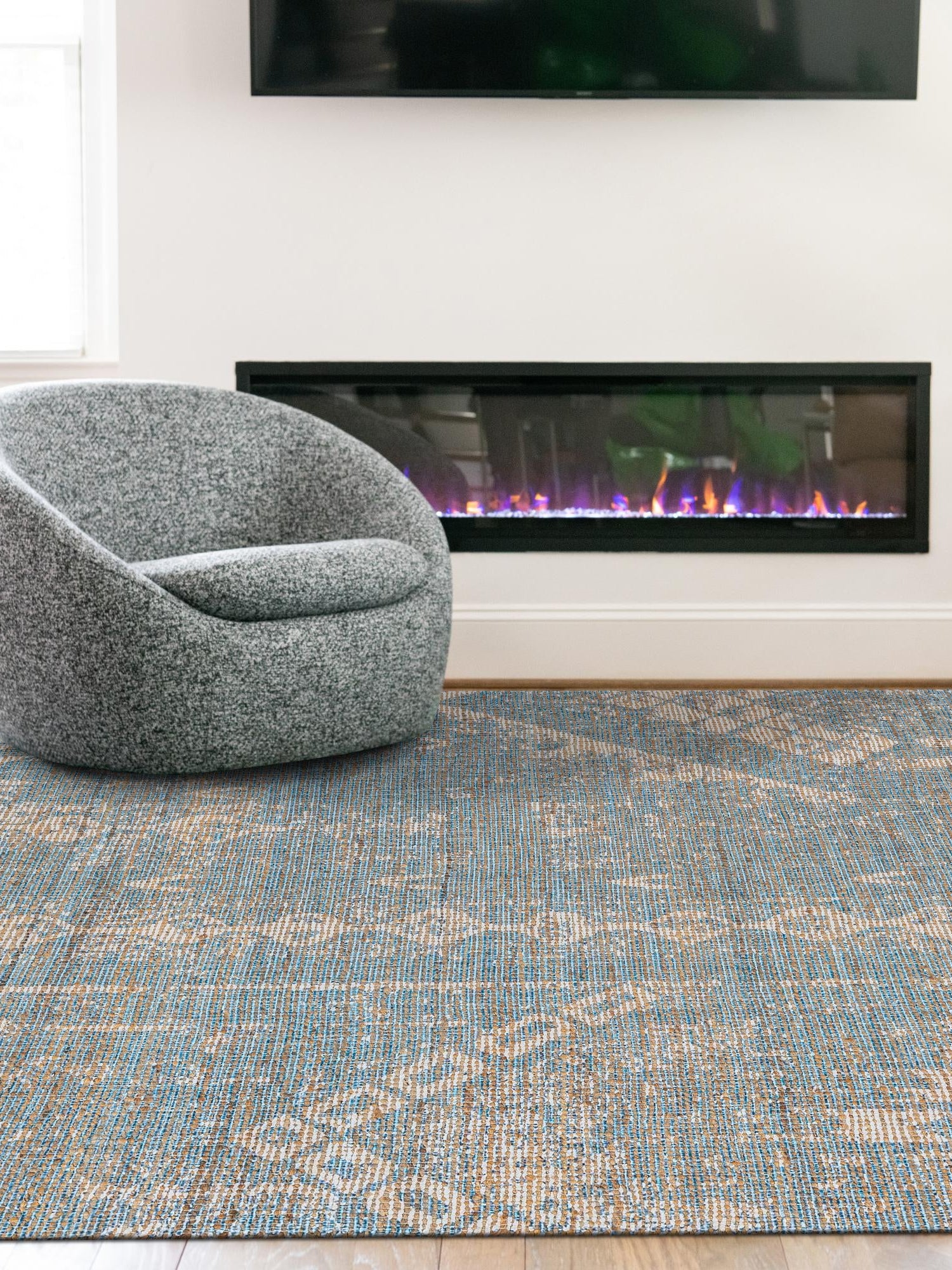 Antique Blue 6' 1 x 9' Chenille Jute Rectangle Area Rug Vintage Distressed Boho All Natural Eco-Friendly Sustainable Carpet for Living Dining Office Dorm Rooms for Sale at Rug Engine
