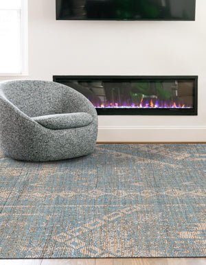 Antique Blue 4' 1 x 6' 1 Chenille Jute Rectangle Area Rug Vintage Distressed Boho All Natural Eco-Friendly Sustainable Carpet for Living Dining Office Dorm Rooms for Sale at Rug Engine