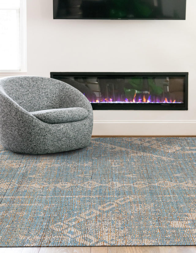Antique Blue 4' 1 x 6' 1 Chenille Jute Rectangle Area Rug Vintage Distressed Boho All Natural Eco-Friendly Sustainable Carpet for Living Dining Office Dorm Rooms for Sale at Rug Engine