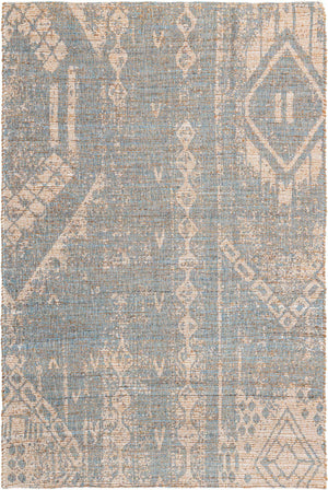 Antique Blue 5' 3 x 8' Chenille Jute Rectangle Area Rug Vintage Distressed Boho All Natural Eco-Friendly Sustainable Carpet for Living Dining Office Dorm Rooms for Sale at Rug Engine
