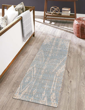 Antique Blue 2' 2 x 8' Chenille Jute Runner Area Rug Vintage Distressed Boho All Natural Eco-Friendly Sustainable Carpet for Living Dining Office Dorm Rooms for Sale at Rug Engine