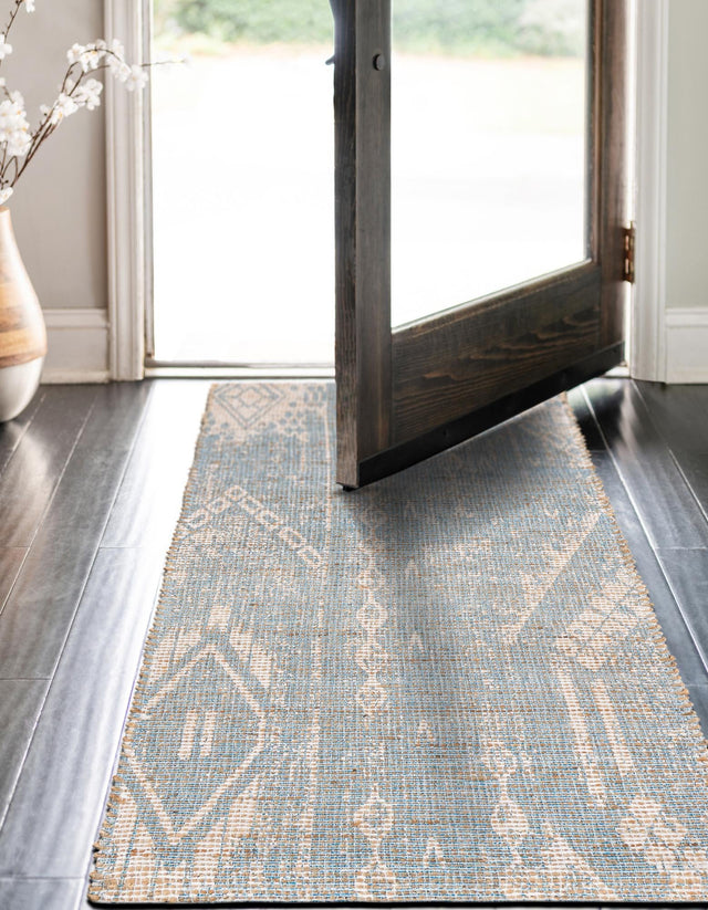 Antique Blue 2' 2 x 6' 1 Chenille Jute Runner Area Rug Vintage Distressed Boho All Natural Eco-Friendly Sustainable Carpet for Living Dining Office Dorm Rooms for Sale at Rug Engine