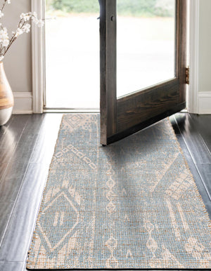 Antique Blue 2' 2 x 8' Chenille Jute Runner Area Rug Vintage Distressed Boho All Natural Eco-Friendly Sustainable Carpet for Living Dining Office Dorm Rooms for Sale at Rug Engine