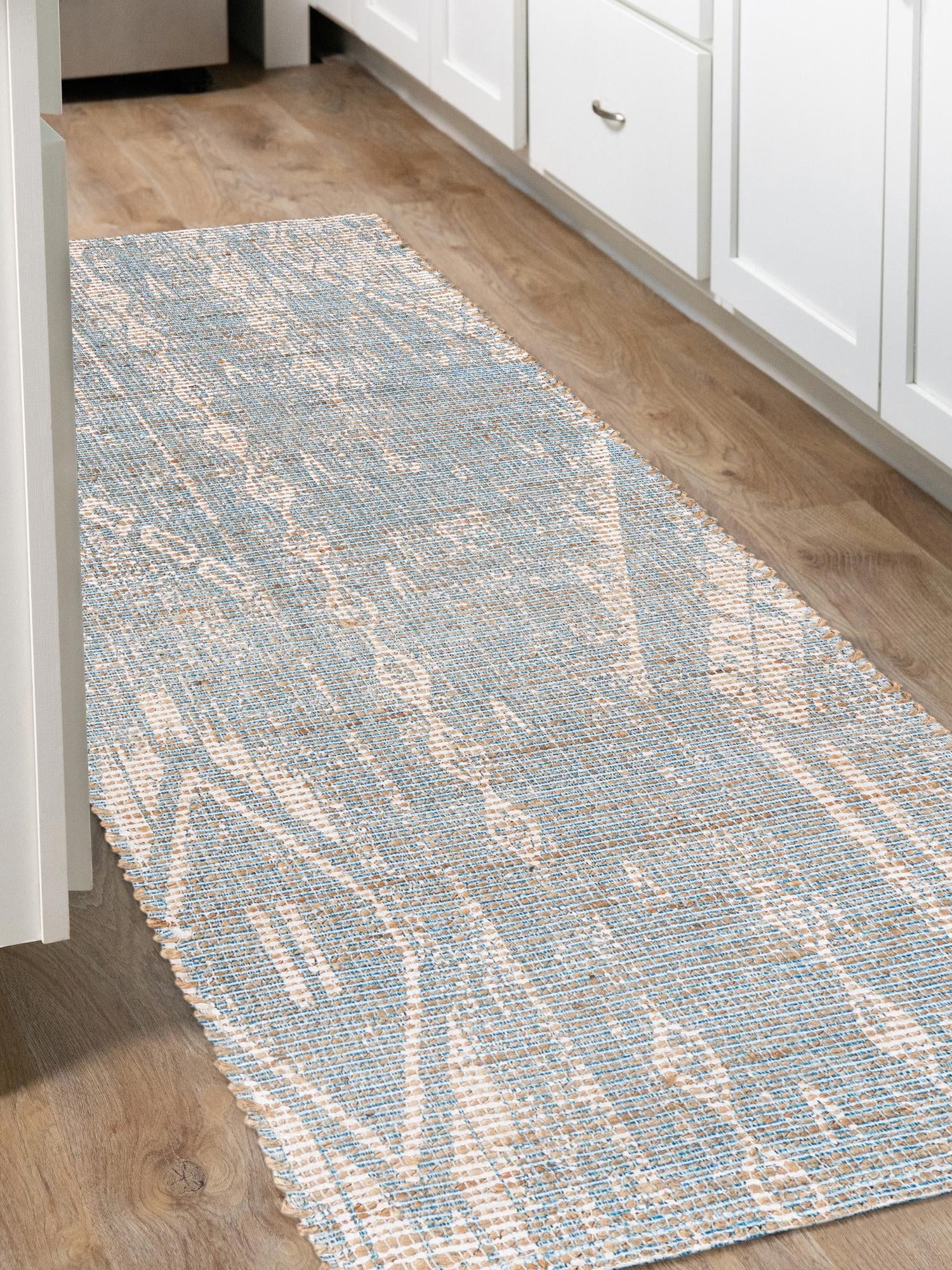 Antique Blue 2' 2 x 8' Chenille Jute Runner Area Rug Vintage Distressed Boho All Natural Eco-Friendly Sustainable Carpet for Living Dining Office Dorm Rooms for Sale at Rug Engine