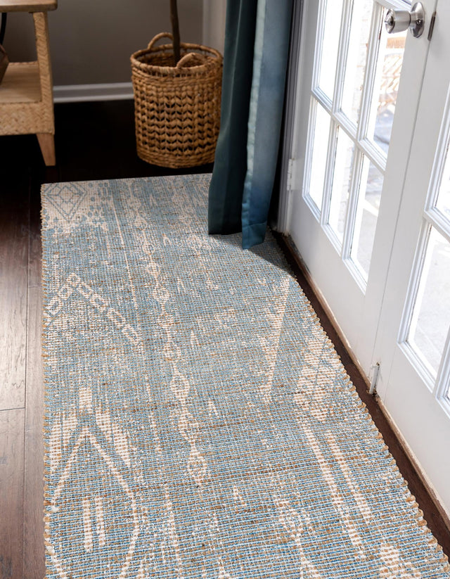 Antique Blue 2' 2 x 8' Chenille Jute Runner Area Rug Vintage Distressed Boho All Natural Eco-Friendly Sustainable Carpet for Living Dining Office Dorm Rooms for Sale at Rug Engine