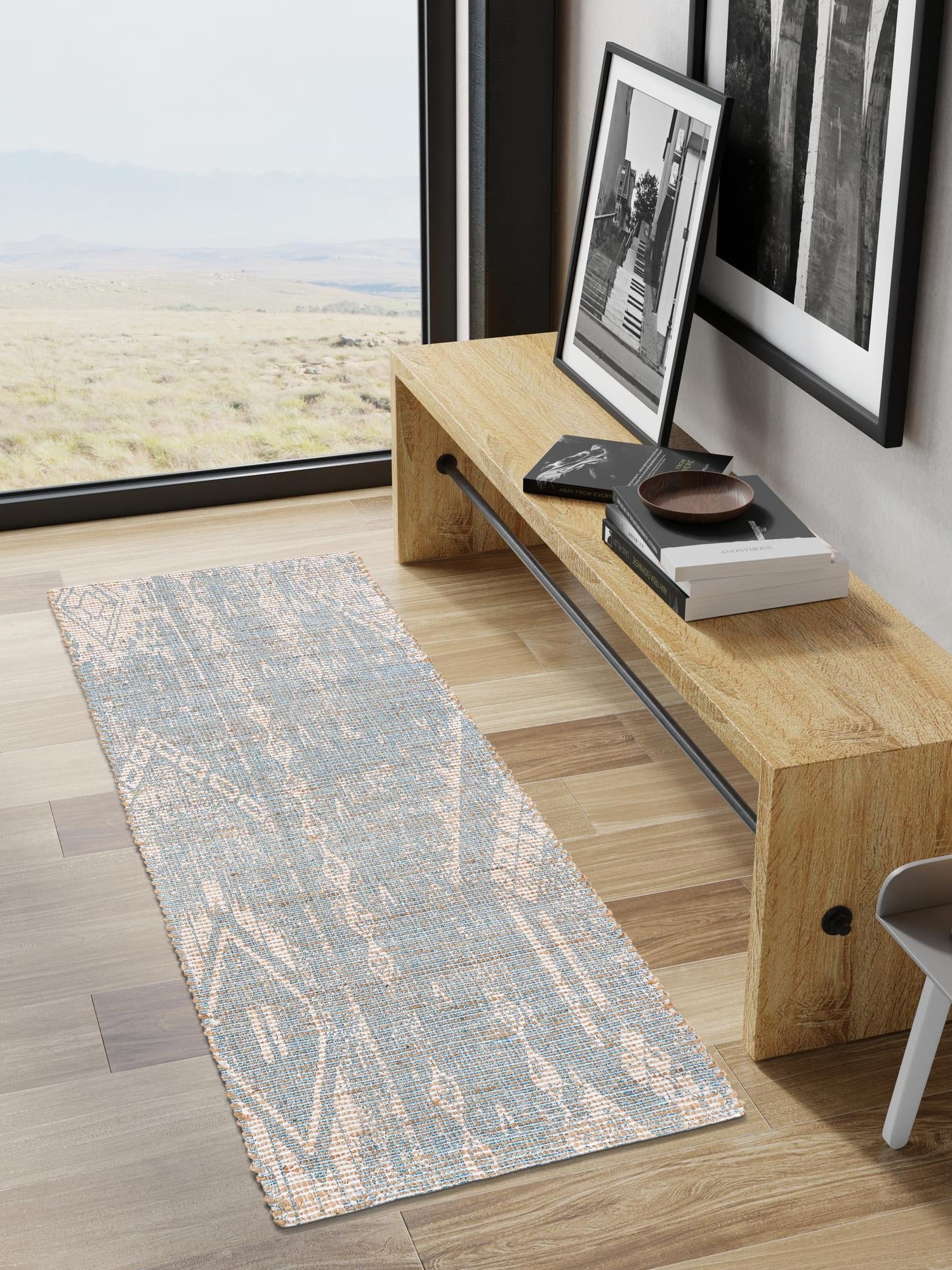 Antique Blue 2' 2 x 8' Chenille Jute Runner Area Rug Vintage Distressed Boho All Natural Eco-Friendly Sustainable Carpet for Living Dining Office Dorm Rooms for Sale at Rug Engine
