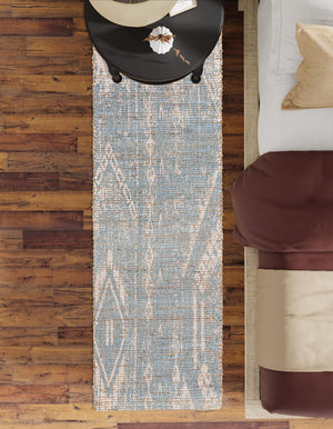 Antique Blue 2' 2 x 6' 1 Chenille Jute Runner Area Rug Vintage Distressed Boho All Natural Eco-Friendly Sustainable Carpet for Living Dining Office Dorm Rooms for Sale at Rug Engine