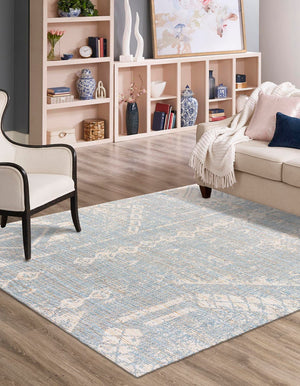 Antique Blue 7' 10 x 7' 10 Chenille Jute Square Area Rug Vintage Distressed Boho All Natural Eco-Friendly Sustainable Carpet for Living Dining Office Dorm Rooms for Sale at Rug Engine