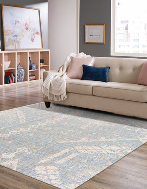Antique Blue 7' 10 x 7' 10 Chenille Jute Square Area Rug Vintage Distressed Boho All Natural Eco-Friendly Sustainable Carpet for Living Dining Office Dorm Rooms for Sale at Rug Engine