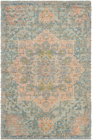 Blue and Peach 2' x 3' 1 Chenille Jute Rectangle Area Rug Vintage Distressed Boho All Natural Eco-Friendly Sustainable Carpet for Living Dining Office Dorm Rooms for Sale at Rug Engine