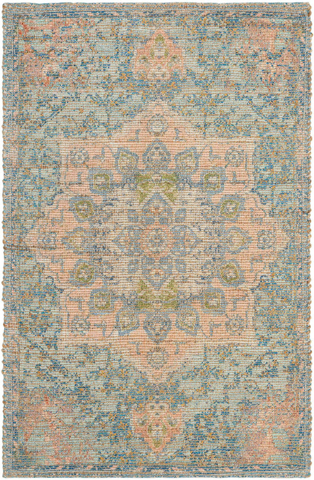 Blue and Peach 2' x 3' 1 Chenille Jute Rectangle Area Rug Vintage Distressed Boho All Natural Eco-Friendly Sustainable Carpet for Living Dining Office Dorm Rooms for Sale at Rug Engine
