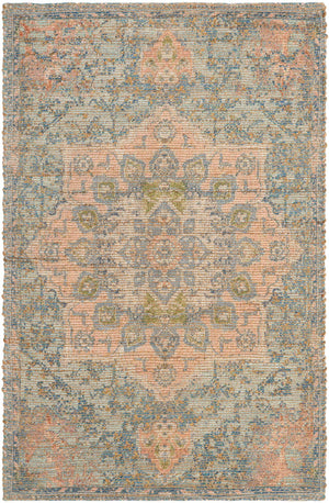 Blue and Peach 4' 1 x 6' 1 Chenille Jute Rectangle Area Rug Vintage Distressed Boho All Natural Eco-Friendly Sustainable Carpet for Living Dining Office Dorm Rooms for Sale at Rug Engine