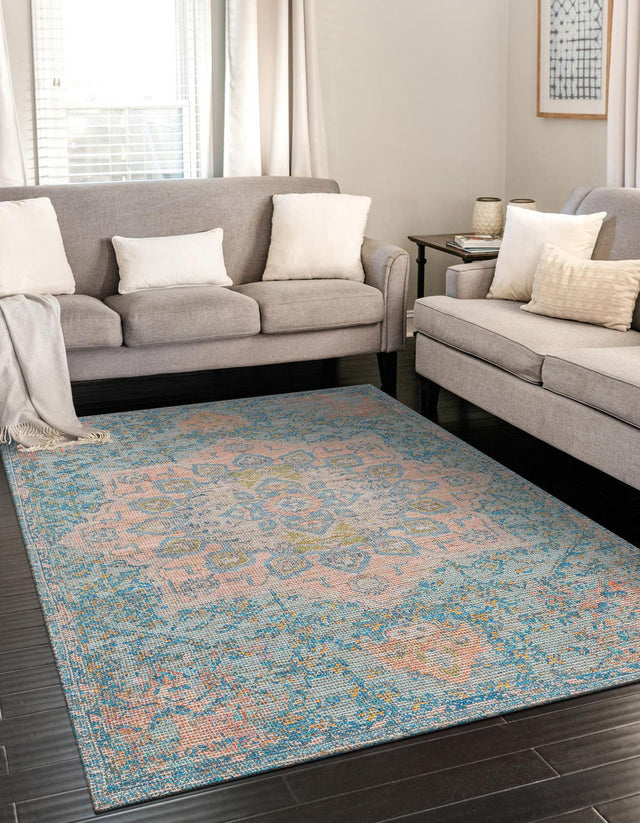 Blue and Peach 4' 1 x 6' 1 Chenille Jute Rectangle Area Rug Vintage Distressed Boho All Natural Eco-Friendly Sustainable Carpet for Living Dining Office Dorm Rooms for Sale at Rug Engine