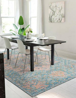 Blue and Peach 5' 3 x 8' Chenille Jute Rectangle Area Rug Vintage Distressed Boho All Natural Eco-Friendly Sustainable Carpet for Living Dining Office Dorm Rooms for Sale at Rug Engine