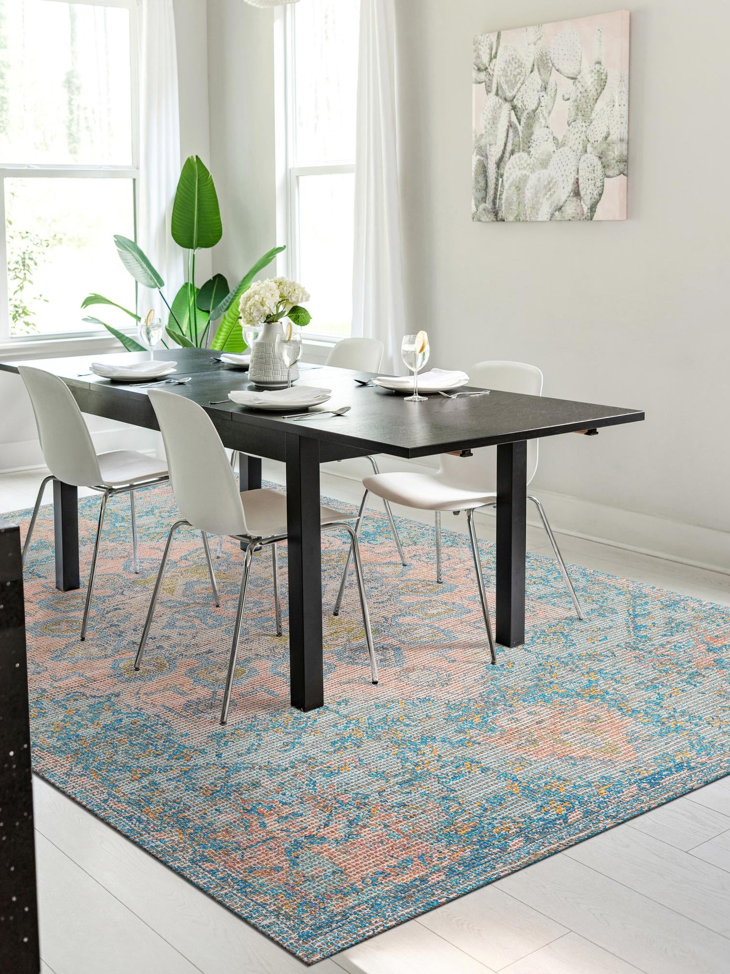 Blue and Peach 4' 1 x 6' 1 Chenille Jute Rectangle Area Rug Vintage Distressed Boho All Natural Eco-Friendly Sustainable Carpet for Living Dining Office Dorm Rooms for Sale at Rug Engine