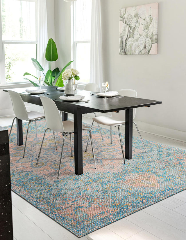 Blue and Peach 2' x 3' 1 Chenille Jute Rectangle Area Rug Vintage Distressed Boho All Natural Eco-Friendly Sustainable Carpet for Living Dining Office Dorm Rooms for Sale at Rug Engine