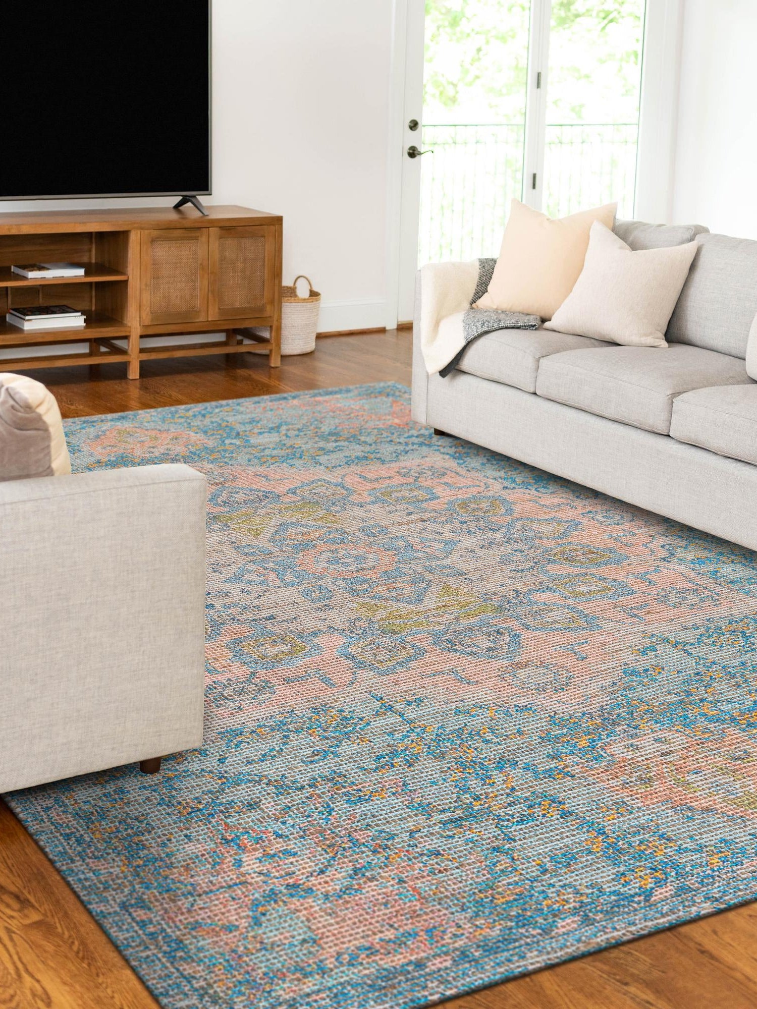 Blue and Peach 9' x 12' Chenille Jute Rectangle Area Rug Vintage Distressed Boho All Natural Eco-Friendly Sustainable Carpet for Living Dining Office Dorm Rooms for Sale at Rug Engine